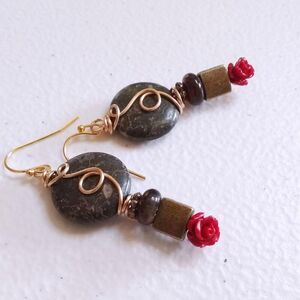 Eclectic & Edgy! Red Rose Flower Dangle Earrings! Handmade + One-of-a-kind!